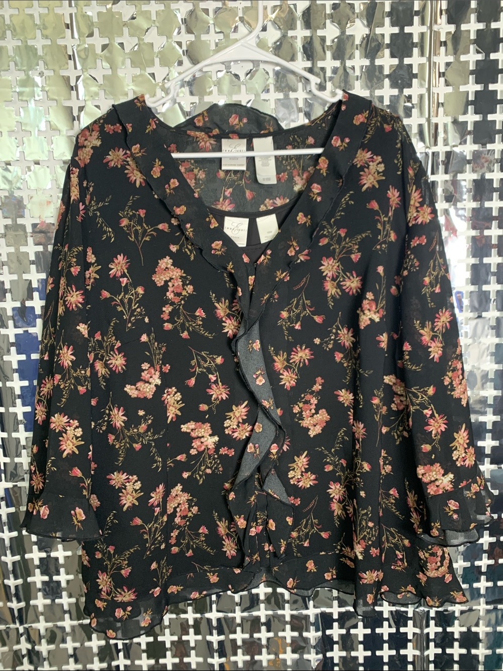 Emma James Black Floral Ruffle-Front Blouse with Pink and Cream Flowers